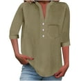thumbnail image 2 of Frostluinai 3/4 Length Sleeve Womens Tops Cotton Linen Solid Henley Shirts Button V Neck Lounge T Shirts Business Work Blouses with Pocket, 2 of 7