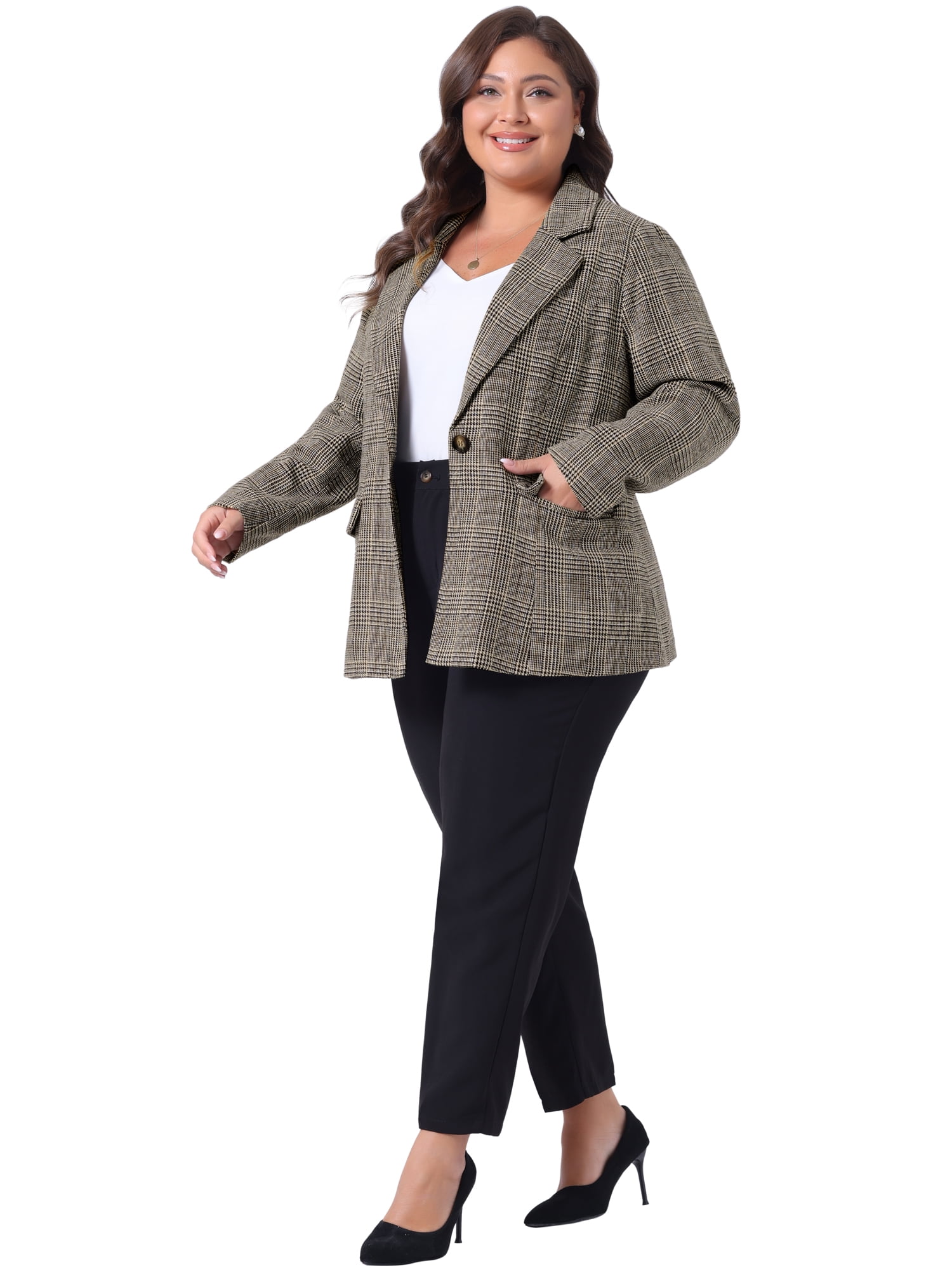 DARING DIVA Women's Plus Plaid Notched Lapel Business Blazer Jackets 3X Black Brown