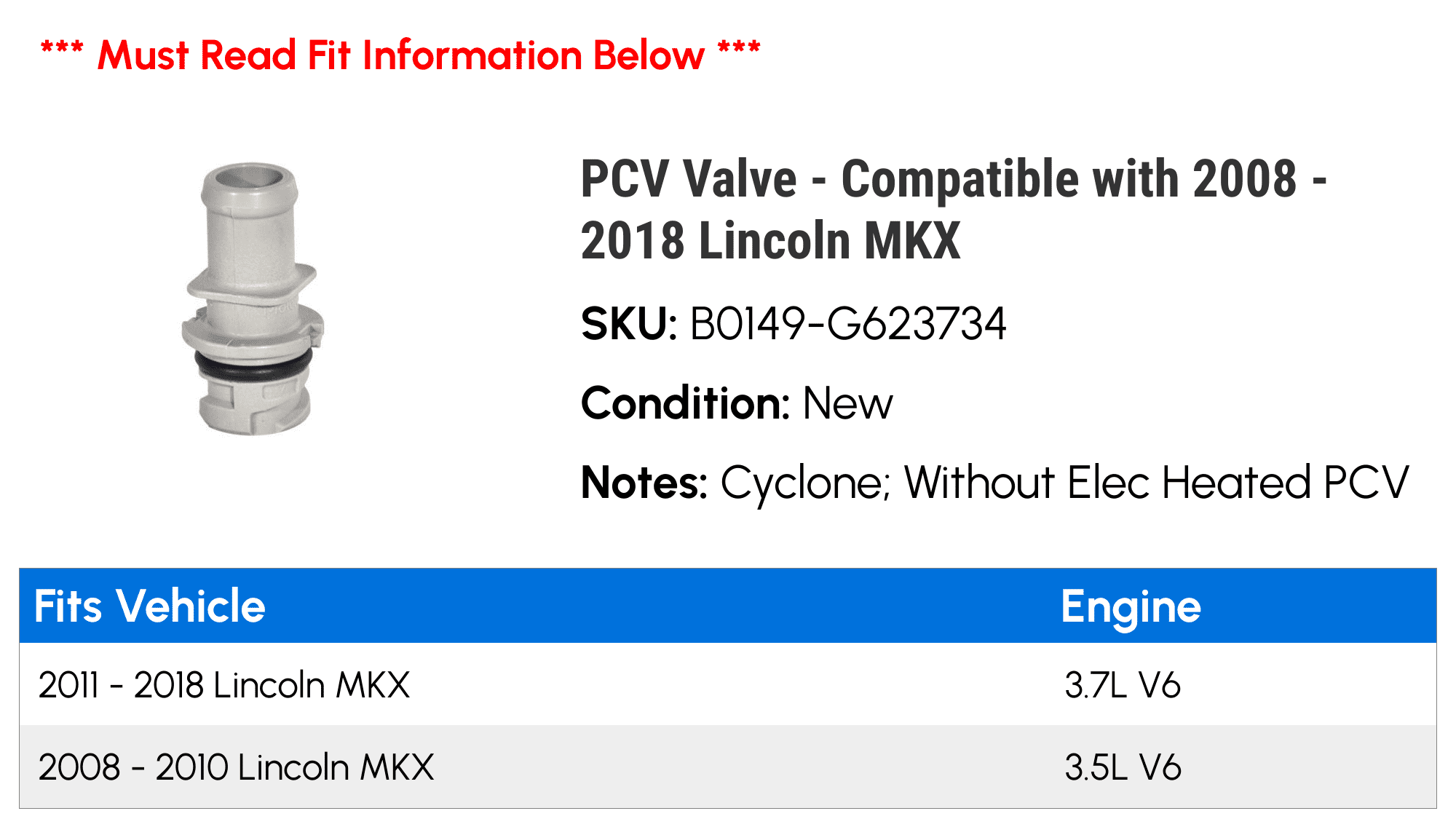 PCV Valve - Compatible with 2008 - 2018 Lincoln MKX 2009 2010 2011 2012 2013 2014 2015 2016 2017