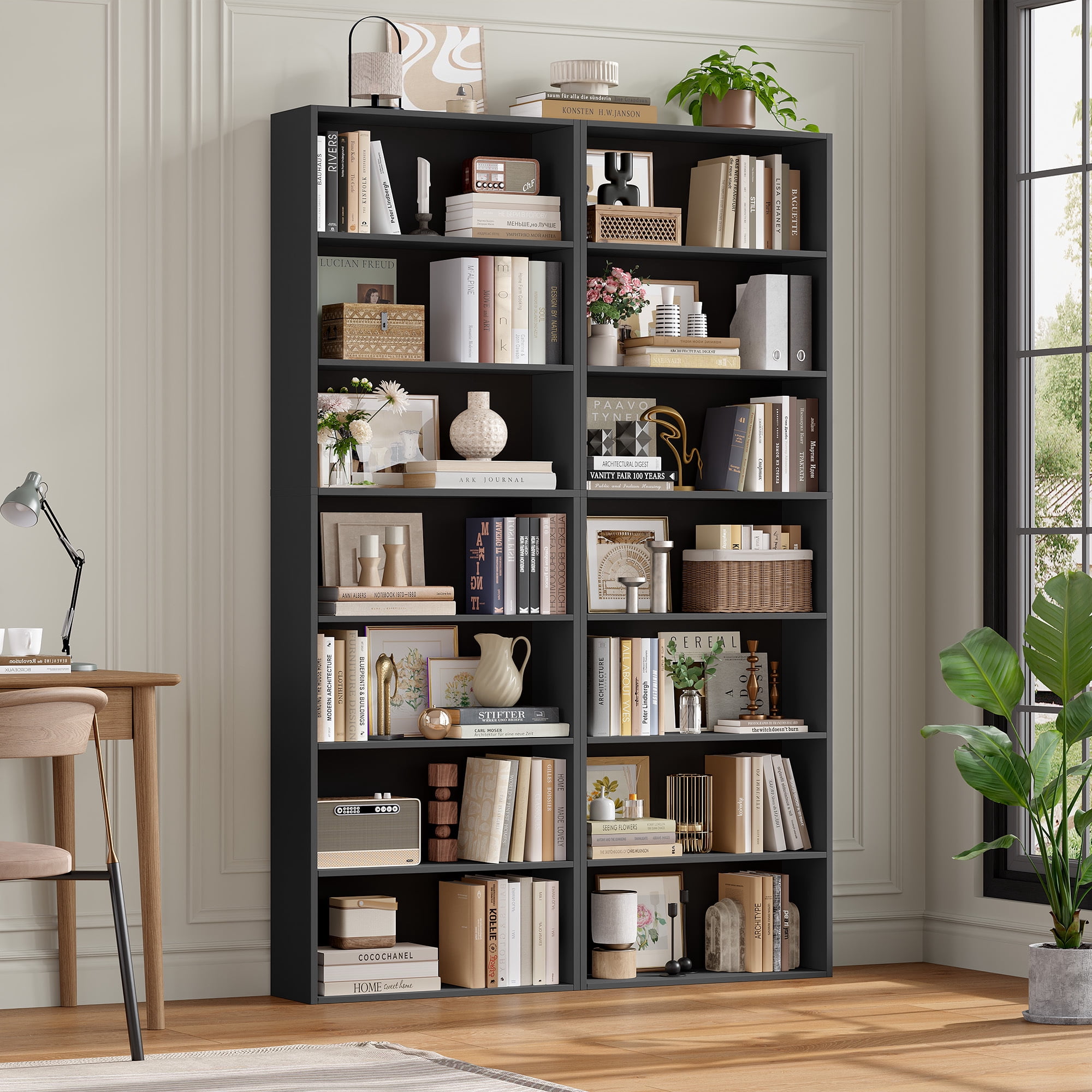 Homfa 82" Tall Bookcases Set of 2, Freestanding Display Storage Shelves, 7-Tier Open Bookshelf for Home Office Living Room Bedroom, Black