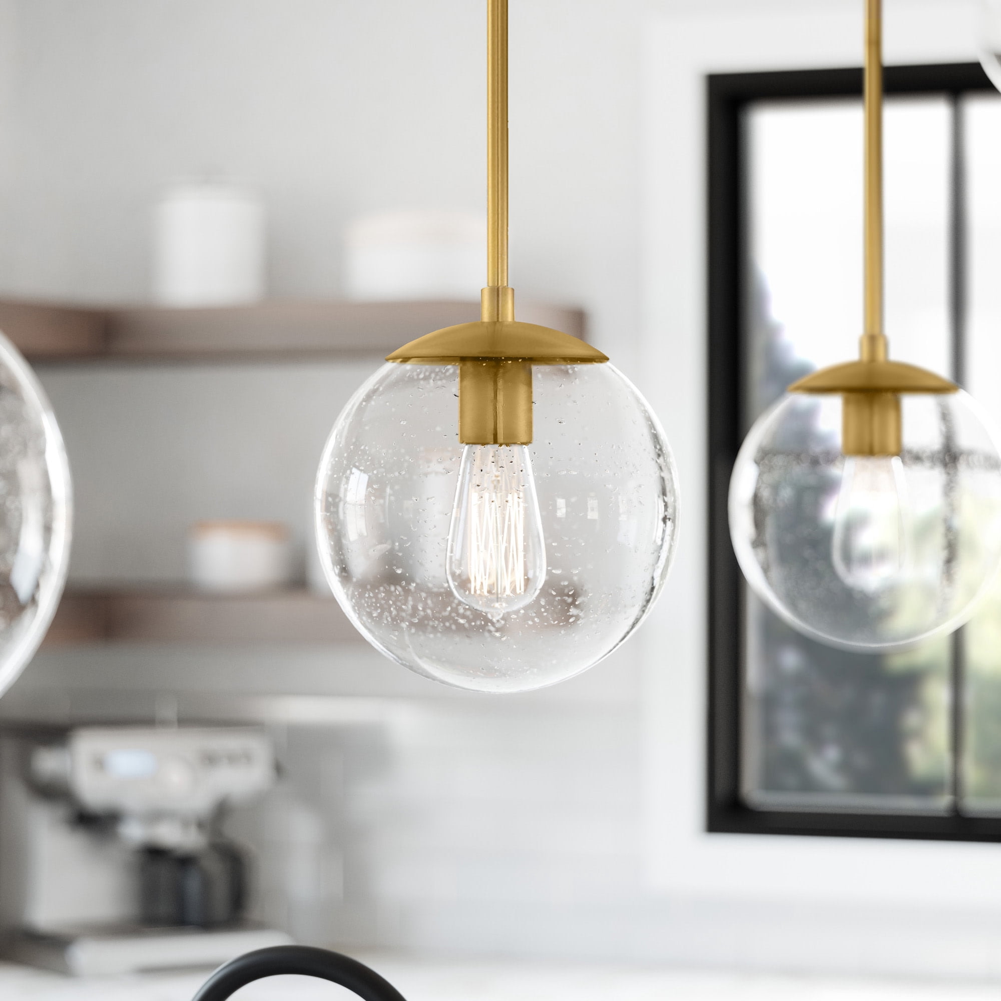 Satin Gold Modern Dimmable Pendant Light with Clear Seedy Glass Globe Shade, Adjustable Height, Kitchen Islands and Bars
