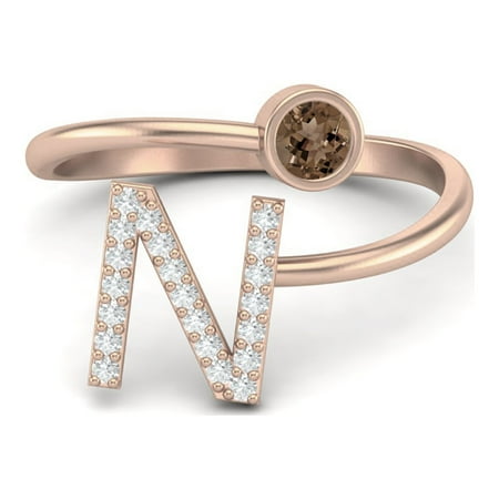 Capital N Initial Letter 3MM Round Smoky Quartz 925 Sterling Silver Rose Vermeil Women Adjustable Valentines Day Gifts Ring