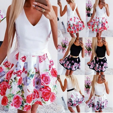 Summer Women Dress Vintage Boho Short Mini Dress Sexy Evening Party Beach Holiday Dresses 2019 Floral Print Sleeveless