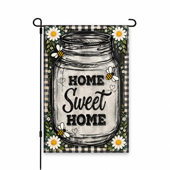 Home Sweet Home Garden Flag 12x18 Inch with Mason Jar, Daisy & Bee Design for Outdoor Lawn, Yard, Patio Decor - Perfect for Spring and Summer Display