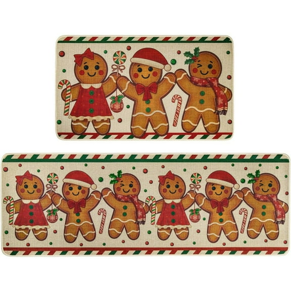 Gingerbread Christmas Kitchen Mats Set of 2 - Low-Profile Non-Slip Absorbent Rugs with Candy Cane Design for Winter Home Decor, 17" X 29" & 17" X 47"