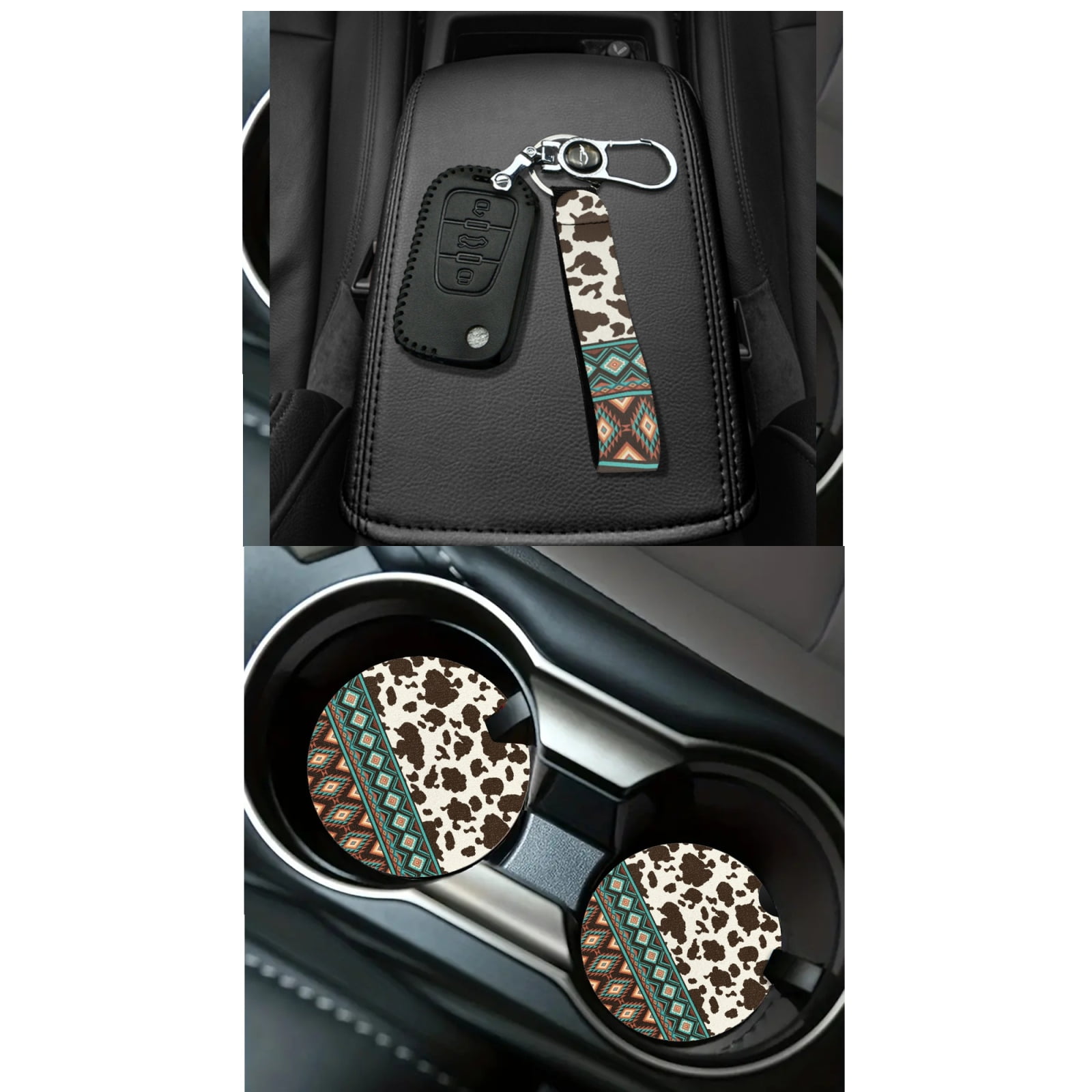 Jeiento Southwest Aztec 15 Pack Car Accessories Set Auto Seat Protector Steering Wheel Cover Seatbelt Strap Pad Trash Can Mount Storage Pocket Cow Print Coasters Rearview Mirror Cover Keychain