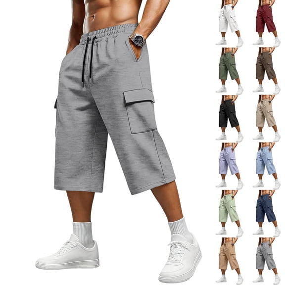Dresfit Mens Cargo Shorts Baggy Long Shorts 2026 Summer Drawstring Multi Pockets Fishing Bermuda Shorts Elastic Waist Solid Big and Tall Running Short Pants M