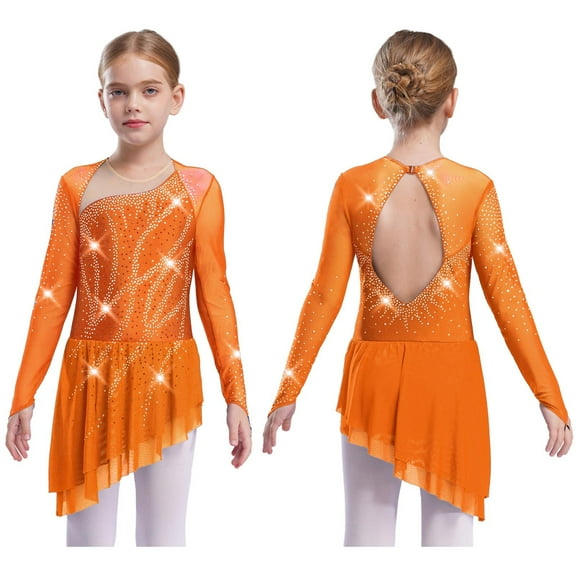 YiZYiF Girls Shiny Figure Skating Dress Mesh Long Sleeve Irregular Hem Ballet Lyrical Dance Costume Orange 10