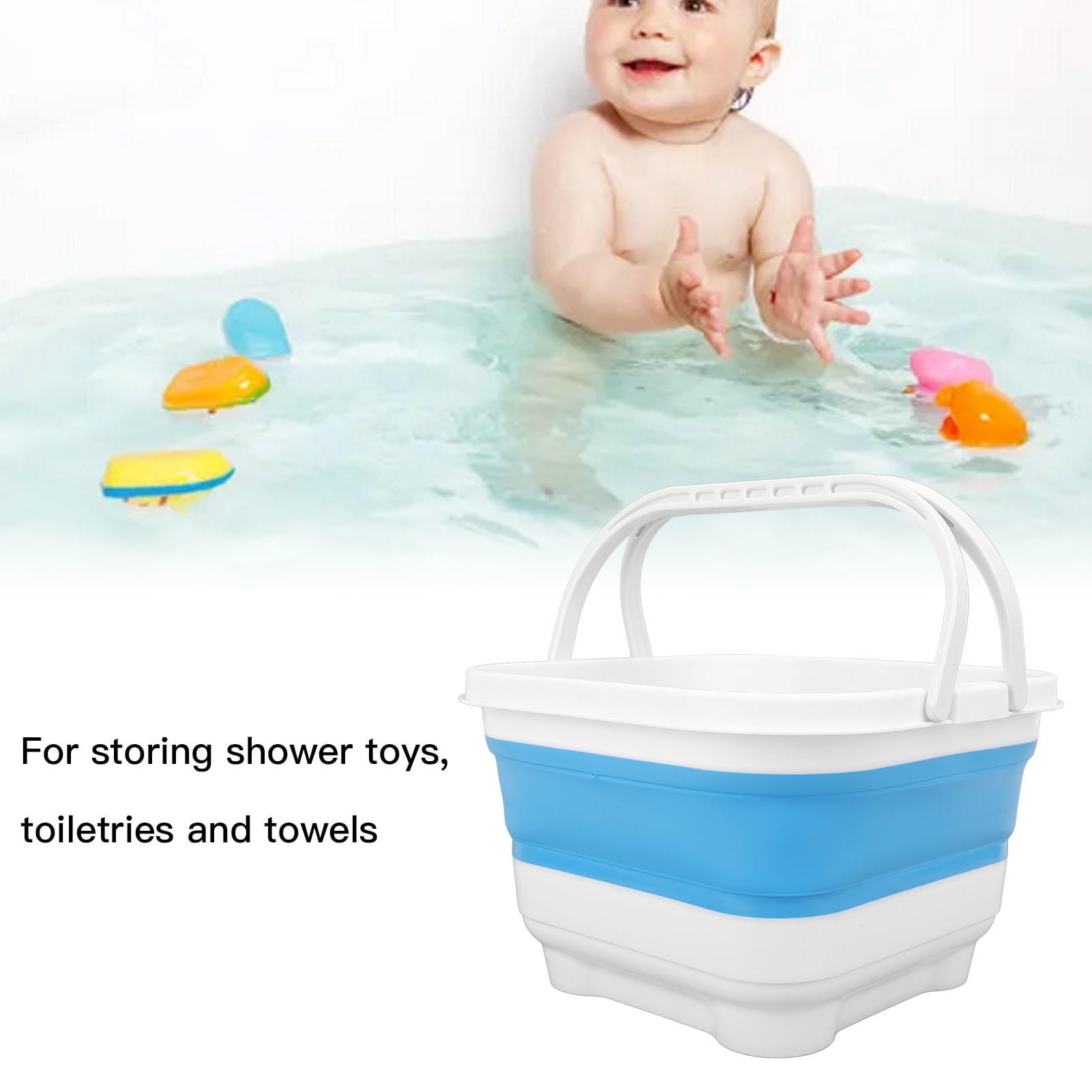 Yajisi Foldable Bath Toy & Toiletry Storage Bin with Removable Base, Quick‑Drain, High Capacity, Cute White & Blue