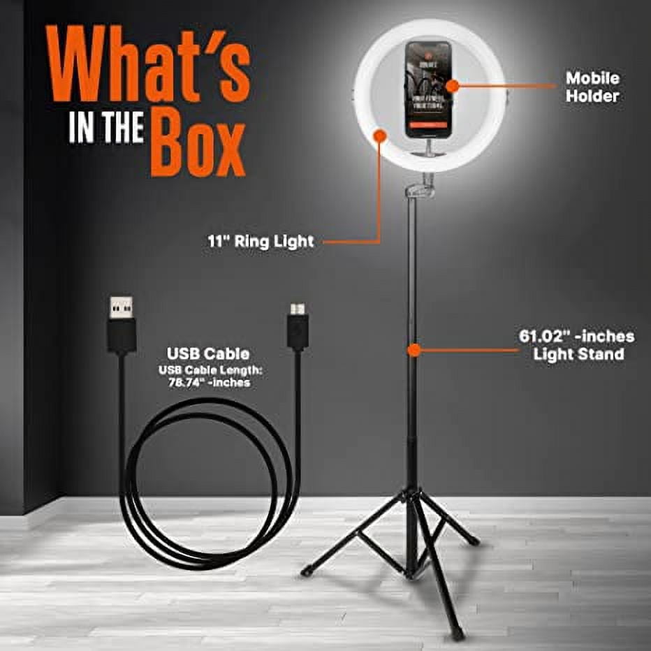 Squatz 11" LED 12W Selfie Ring Light R11 W/ Wire Control, Tripod Stand W/ 5 Section & Holder, Black