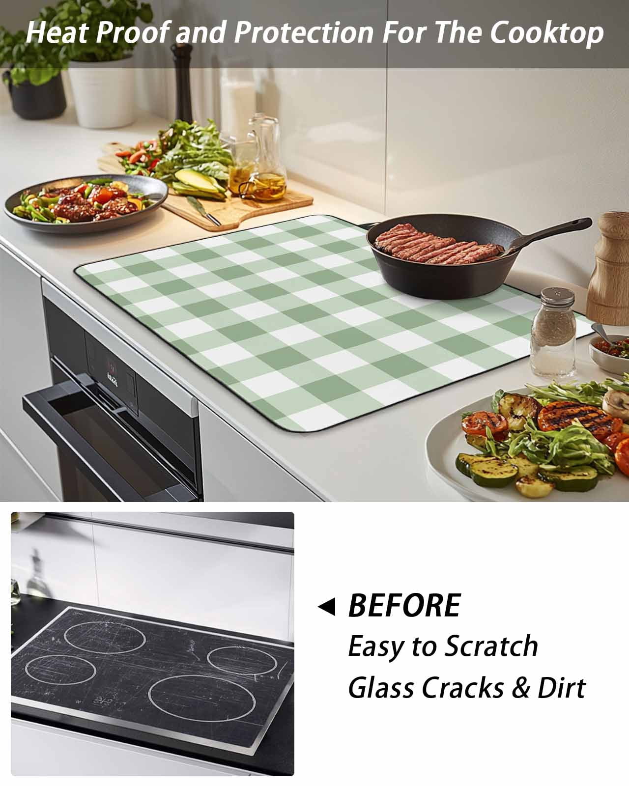 Stove Top Covers for Electric Stove, Sage Green Buffalo Plaid Glass Stovetop Cover Protector, Green White Checkered Farmhouse Induction Cooktop Protector Oven Mat for Kitchen Countertop 24"x21"