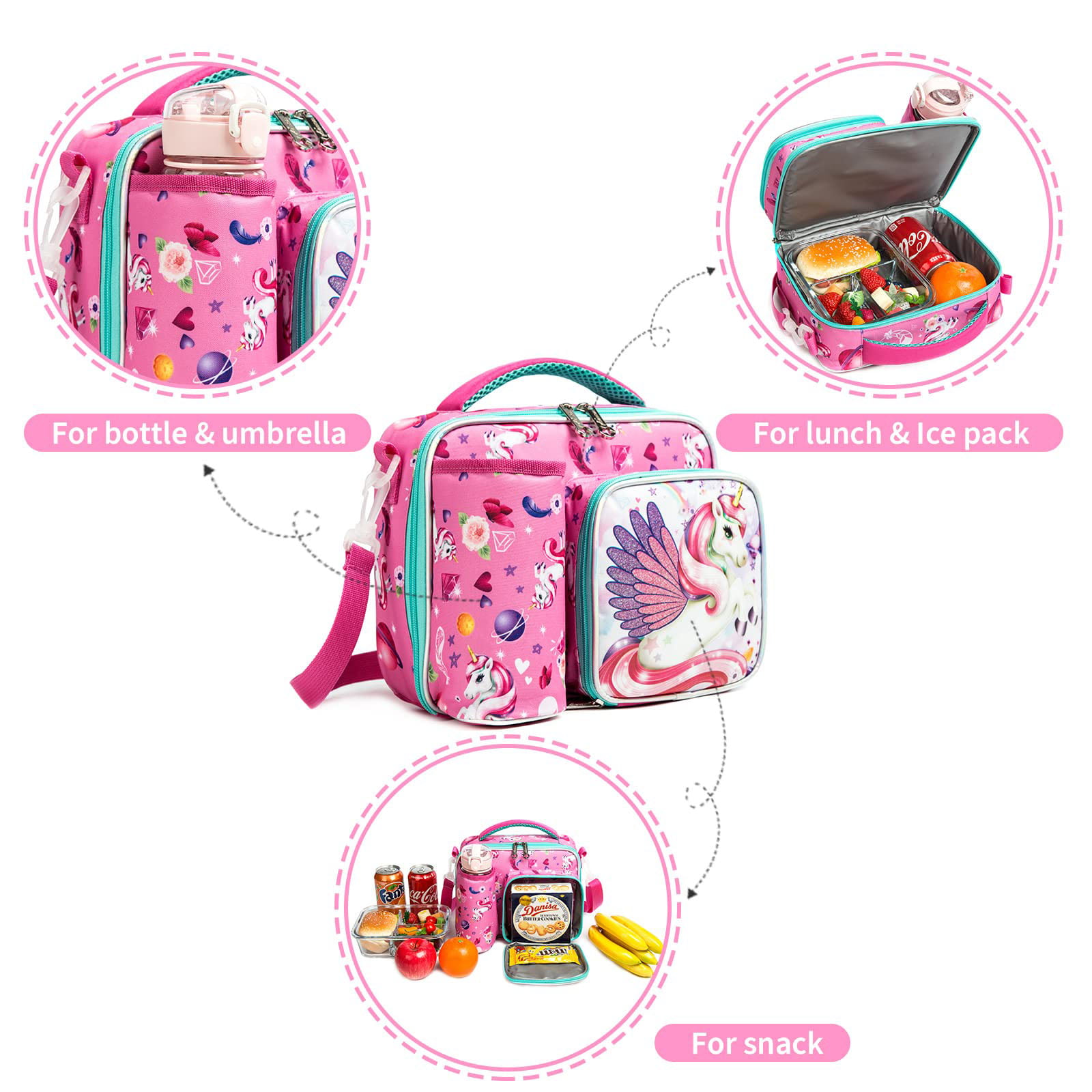 Snack Attack Lovely Pink Unicorn Kids Insulated Lunch Bags For School Kids  Children Cooler Bag