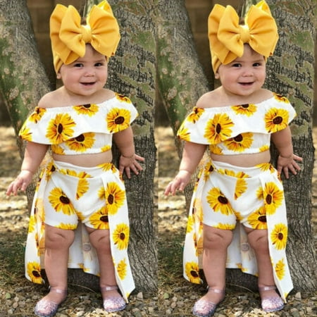 

Toddler Kids Baby Girl Sunflower Crop Tops Shorts Dress Headband Outfits Sunsuit