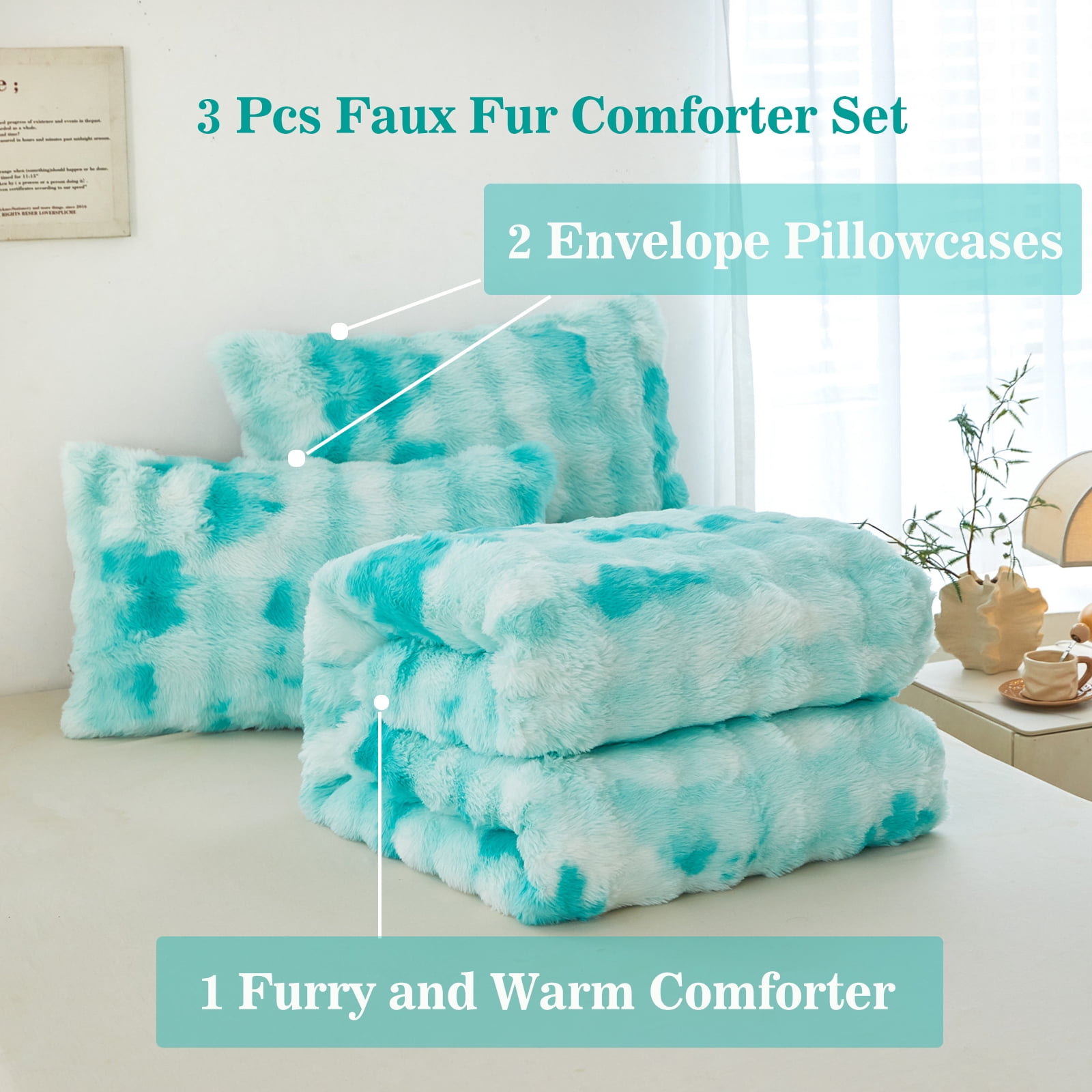 RYNGHIPY 3 Pieces Full Bedding Comforter Sets Faux Fur Bedding Set Mint Green Bubble Comforter Set Tie Dyed Plush Bed Comforter Set Soft Fluffy Bed Set