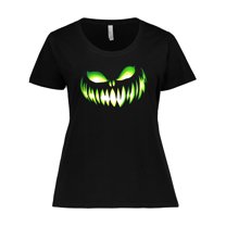Inktastic Wide Grinning Pumpkin Face in Lime Green Glow Women's Plus Size T-Shirt
