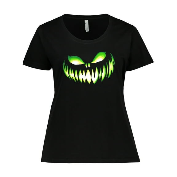 Inktastic Wide Grinning Pumpkin Face in Lime Green Glow Women's Plus Size T-Shirt