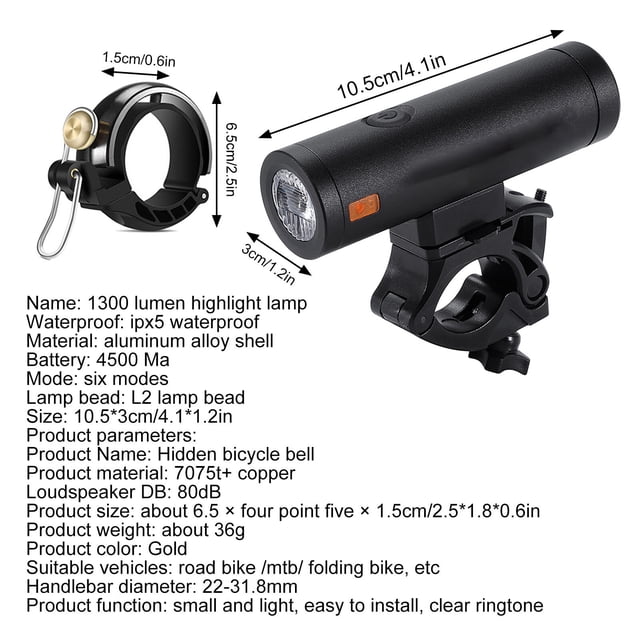 USB Rechargeable Bike Light Set Bike Headlight LED 1300 Lumens with Bell Super Bright Headlight Front Lights 6 Modes Fits All Bicycles, Mountain, Road
