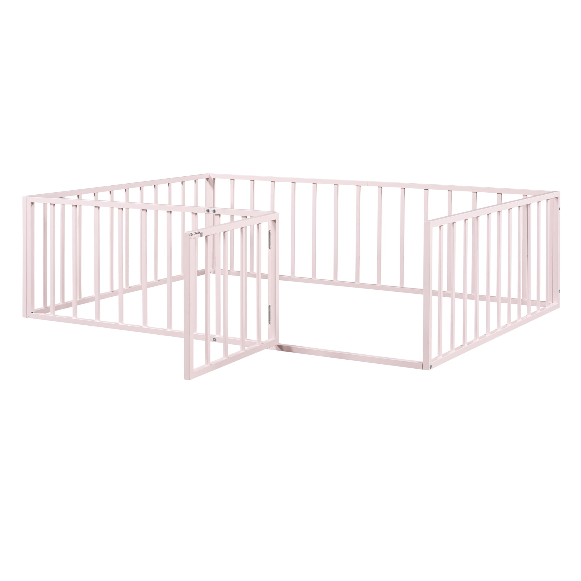 Harper & Bright Designs Full Floor Bed Frame for Kids, Metal Montessori Floor Bed with Rails and Door, Floor Full Size Bed Frame with Fence-Shaped Guardrails, Pink