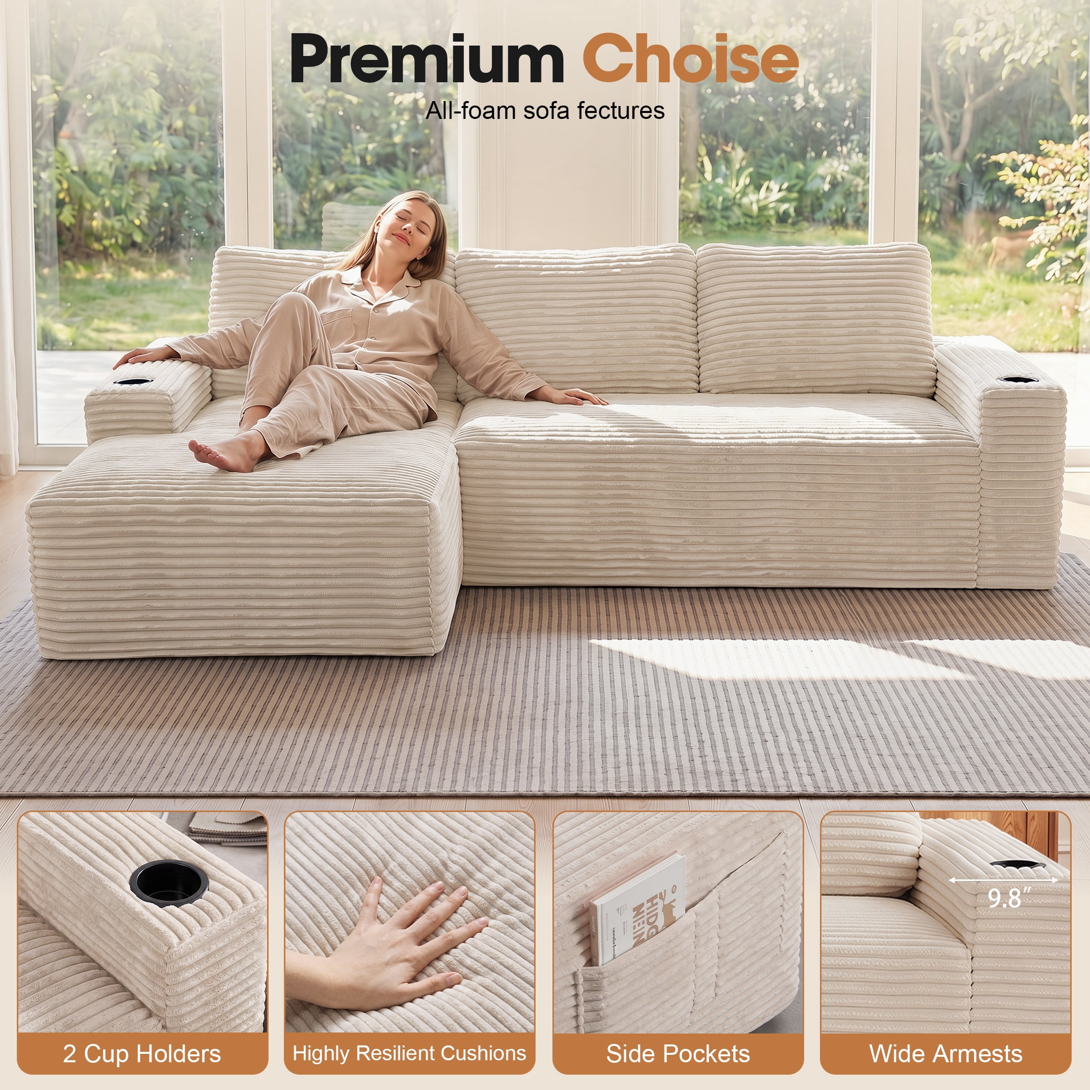 Aenkyo 104 Inch Corduroy L-Shaped Cloud Sectional Sofa with Left Facing Chaise and Cup Holders, Gream