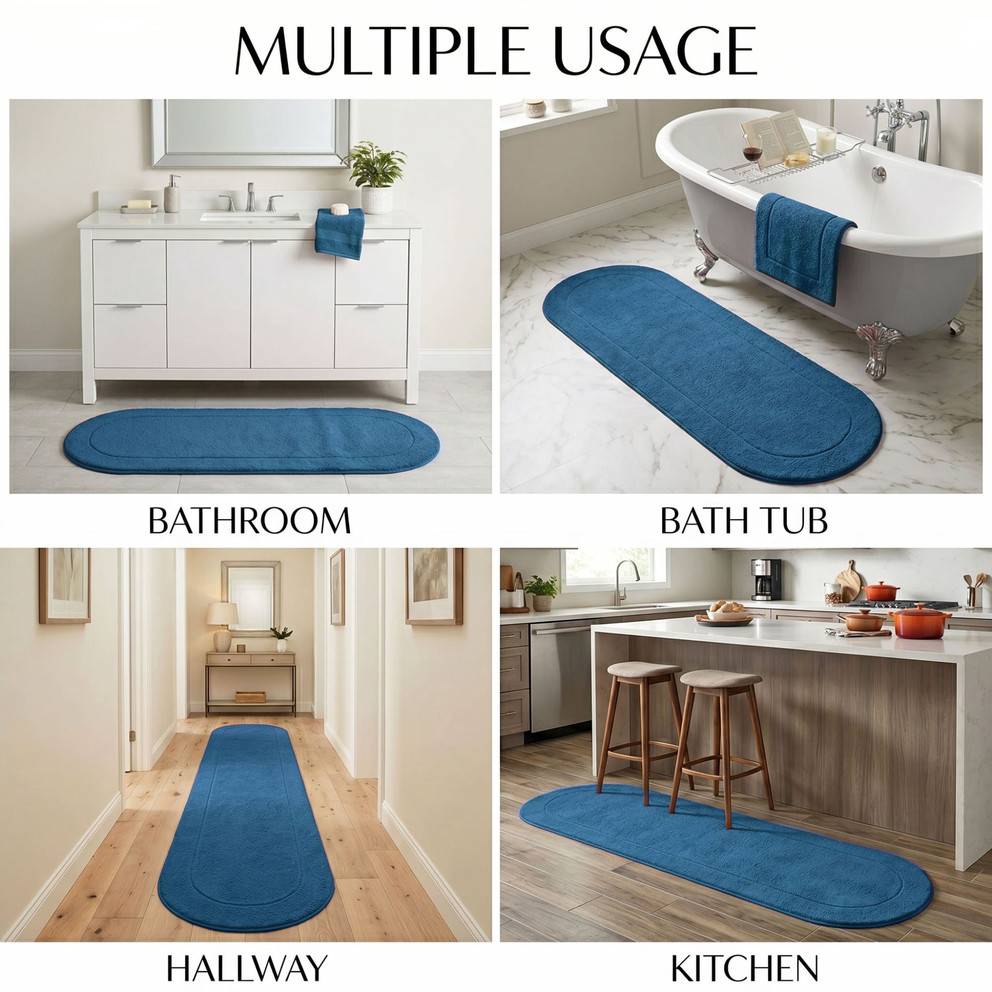 Superior Oval Bordered Cotton Washable Non-Slip Bath Rug, Runner Size, Sapphire