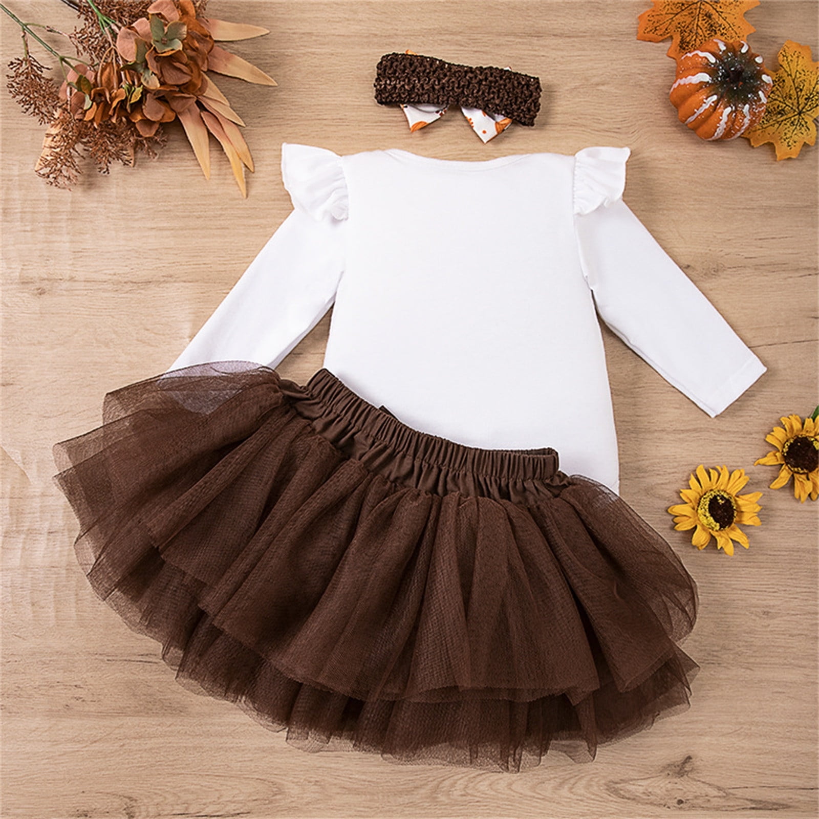 Weebloom Thanksgiving Baby Girl Outfit Bodysuit+Tutu Skirt+Headband Clothes Set Outfits Brown 12-18 Months