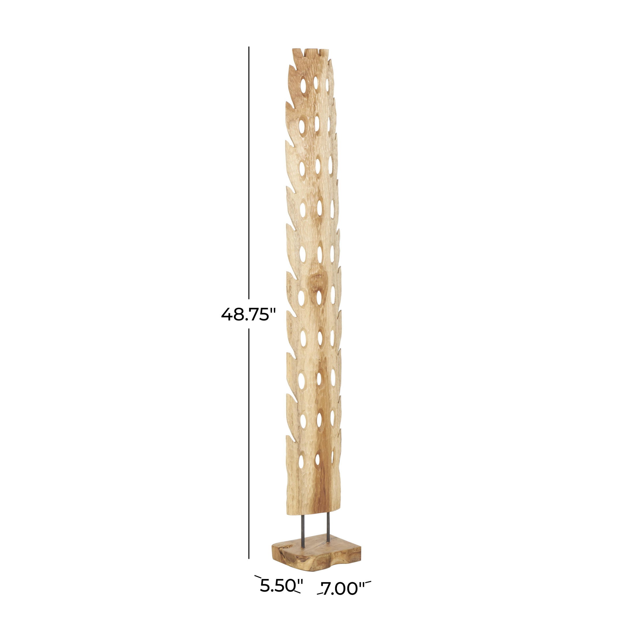 7" x 49" Brown Teak Wood Handmade Tall Floor Cutout Post Abstract Sculpture with Live Edge Base, by DecMode