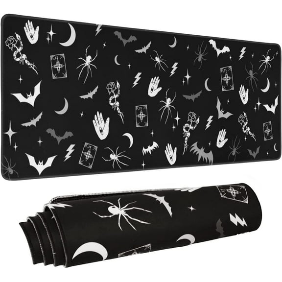 Goth Mouse Pad XL, Gothic Extended Large Gaming Mouse Pad, Black White Spider Bat Mouse Pad Mousepad, Long Big Mouse Mat, Spooky Halloween Witch Goth Desk Accessories Stuff Decor, 31.5 X 11.8 Inch