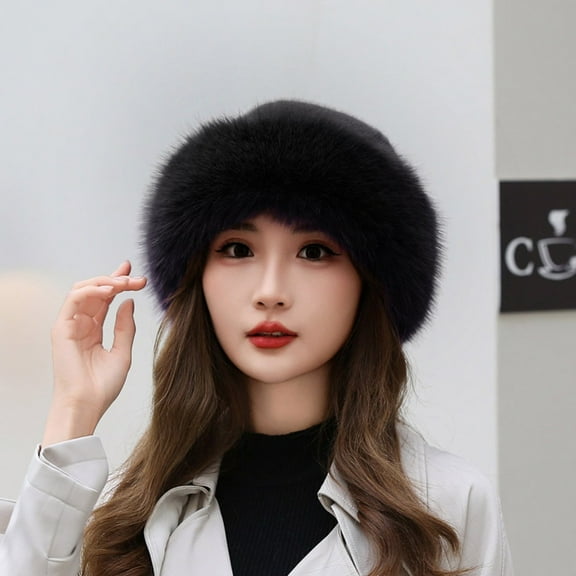 Gifts Fashion Cover Head Cap Ear Protection Solid Warm Winter Hat Faux Fur Hat Earmuffs Cap Berets BLACK