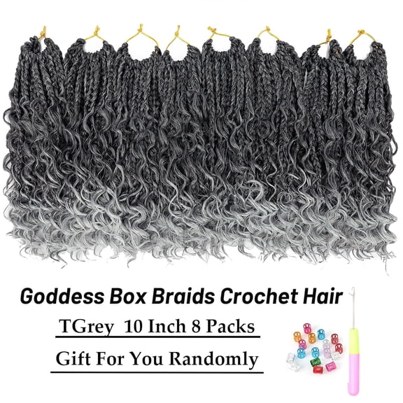 WEIF-Goddess Box Braids Crochet Hair 10 Inch 8 Packs Pre-looped Bohemian Crochet Boho Box Braids With Curly Ends Grey 3X Crochet Braids Hair for Women Synthetic Braiding Hair (10inch,TGRAY)