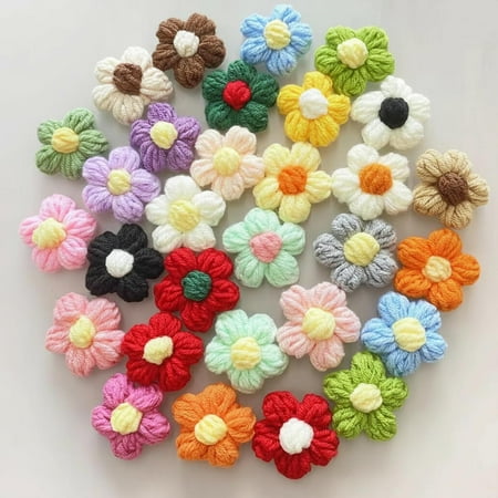 100Pcs Crochet Flowers Puff Flowers: Knitted Yarn Flower Handmade Crochet Flower Sew/Iron On Patches for Crafts Embellishments DIY Hair Headbands Hats Clothing Accessories