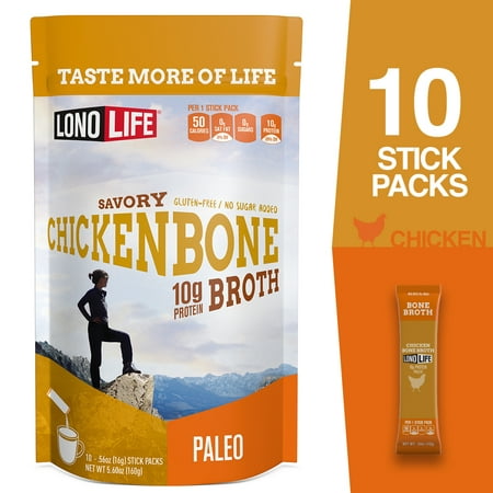 LonoLife Chicken Bone Broth Powder with 10g Protein, Paleo and Keto Friendly, Stick Packs, 10