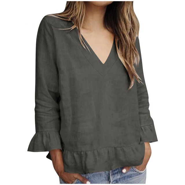 Vestidos Casuales Para Mujer, Blusas De Mujer De Moda Camiseta/camiseta de manga larga con cuello en V y mangas de encaje de lino sintético para mujer, primavera e invierno