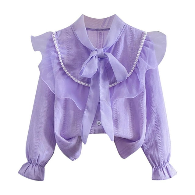zbxnLI Girls School Uniform Shirts Ruffle Trim Long Sleeve Button down Dress Shirt Cute Blouses