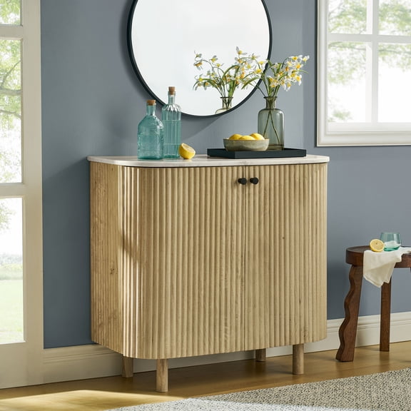 Modway Caldera 33" Curved Solid Wood and Marble Accent Storage Cabinet in Natural by Modway