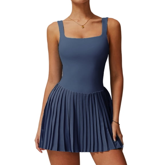 Women Pleated Tennis Dress With Shorts Workout Exercise Athletic Dress For Gym