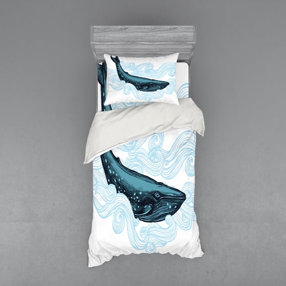 Ambesonne Animal Bedding Set 3 Pcs, Whale with Striped Wave, Twin, White Dark Blue and Blue