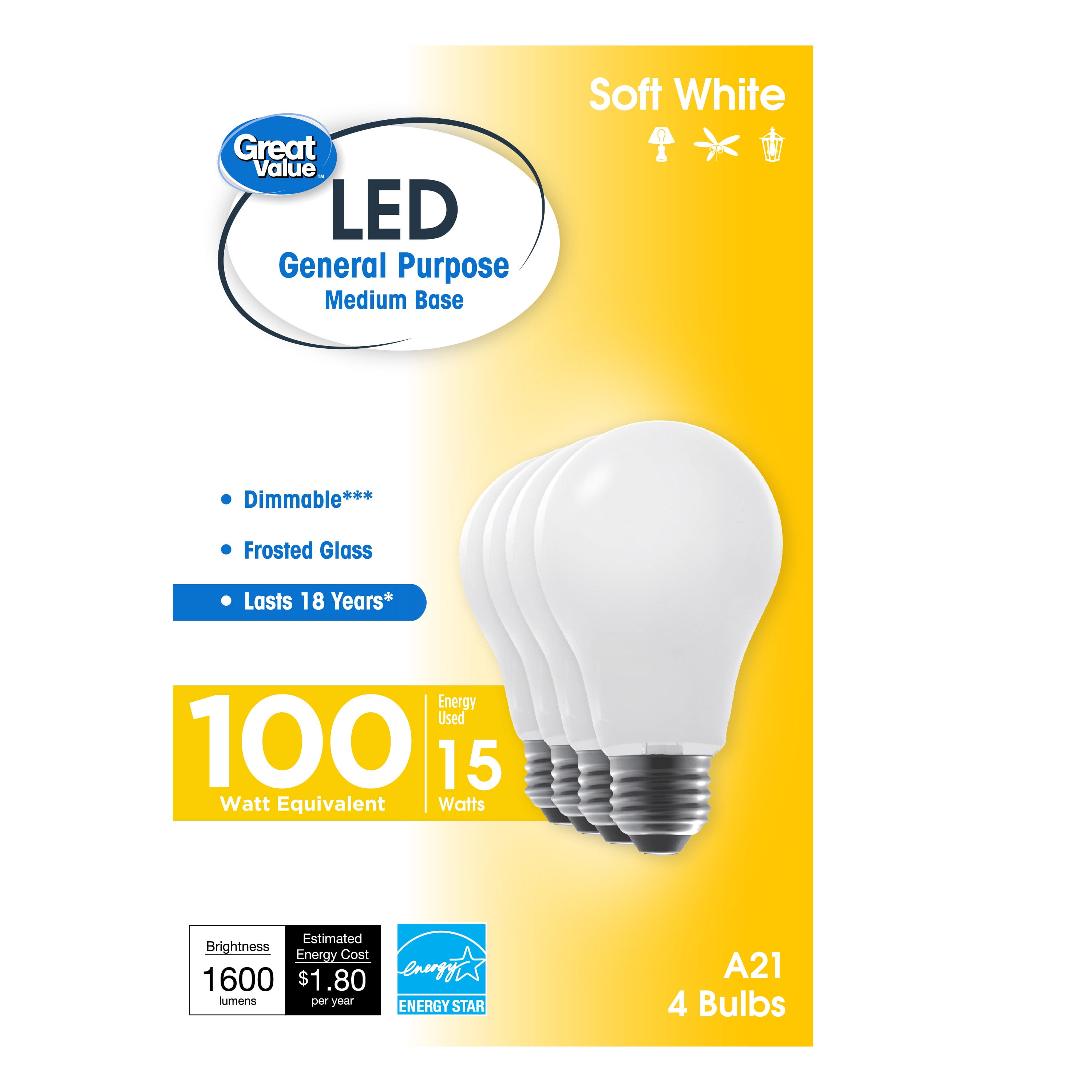 Great Value 18 Year LED Light Bulbs, A21 100 Watts 15 Efficient, Dimmable, Soft White, Glass, 4 Pack - Walmart.com