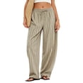 thumbnail image 2 of Petite Linen Pants for Women Striped Casual Comfy Elastic Waist Linen Drawstring Pants Y2k Baggy Flowy Lightweight Work Trousers Khaki 2XL, 2 of 6