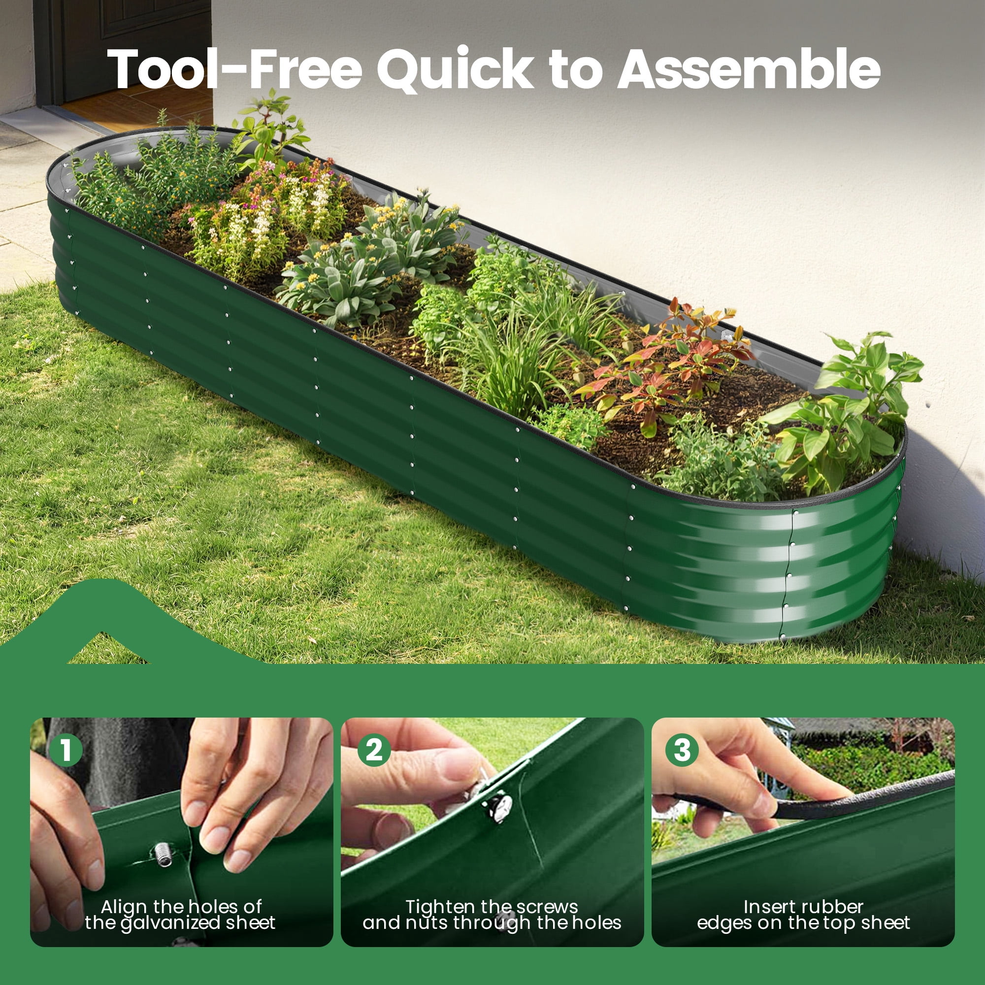 GVDV Raised Garden Bed Outdoor, 8x2x1ft Backyard Large Metal Raised Bed with Garden Trelli & Plant Markers, Planter Raised Garden Bed for Vegetables, Flower, Herbs - Green
