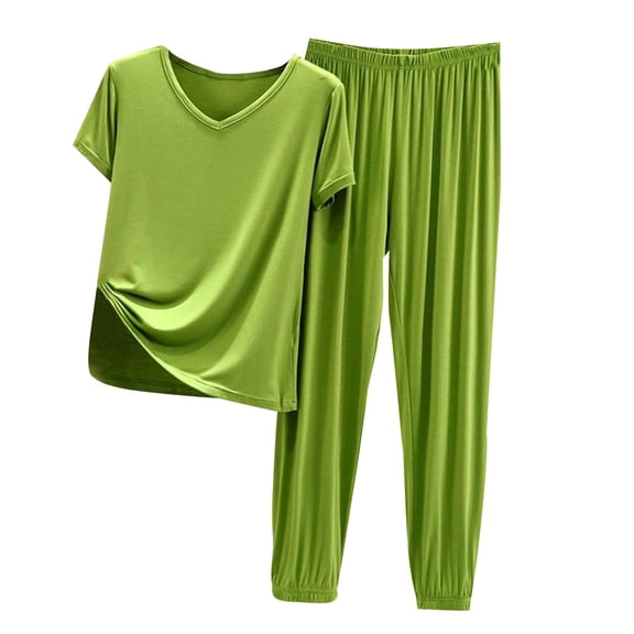 WREESH Womens Pajama Sets Summer Casual Two Piece Suit Pajamas Solid Color Marks Short Sleeved V-Neck Top/Shirt Set Oversized Home Clothing Oversized Pajamas Green