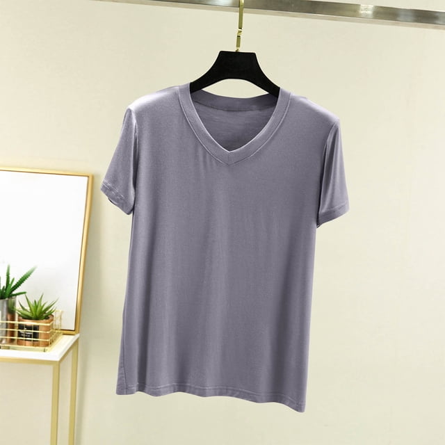 Lydiaunistar Blouse Décontractée Unie à Manches Courtes et Col en V pour Femmes, Mode Été, Polyester, Tailles M-TTG