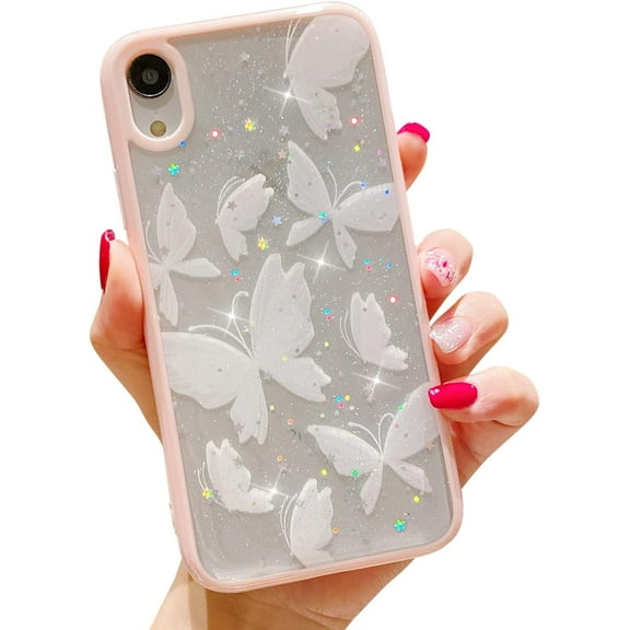 Compatible with iPhone XR Case for Women Girls,Cute White Butterfly Soft Slim Fit Full-Around Protective Clear Sparkly Bling Star Phone Case Glitter Cover for iPhone XR- Pink