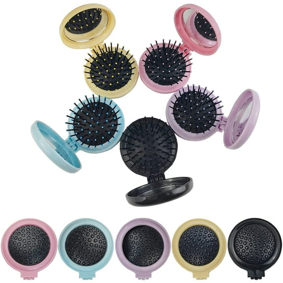 ABCISI 9PCS Folding Travel Mirror Hair Brushes Round Mirror Pocket Hair Brush Portable Mini Colourful Pop Up Hair Brushes Wet and Dry Hair for Women Girls Kids Hair Brush
