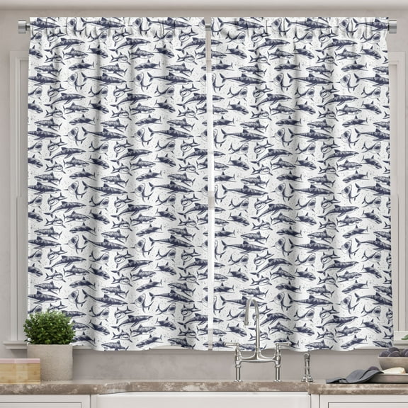 Ambesonne Nautical Kitchen Curtains, Underwater Shark Sketch, 55"x45", Dark Indigo and White