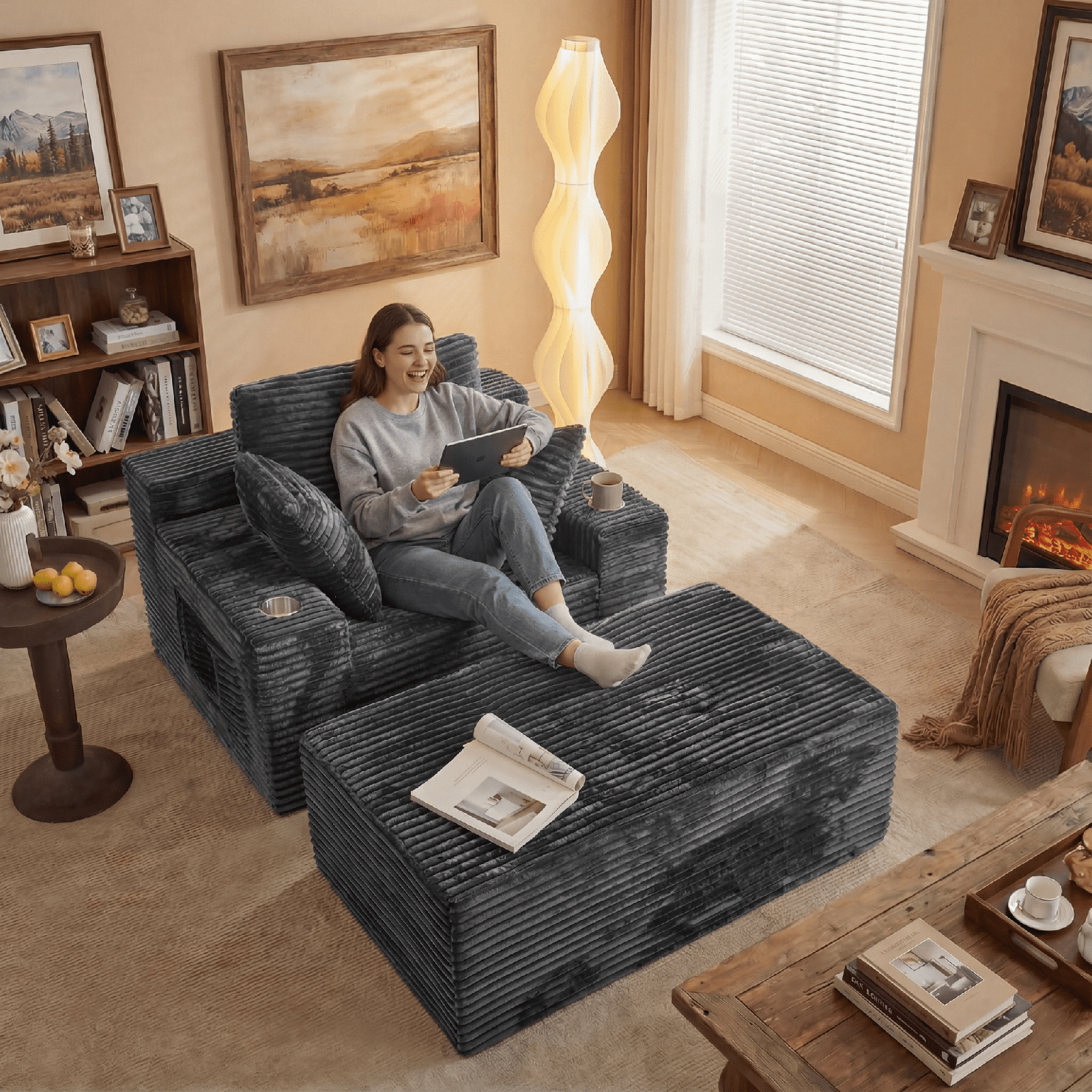 Cubente 67" Chaise Lounge Chair Indoor,Boneless Sofa Bed, Deep Seat Sleeper Couch Reading Chairs, Cloud Couches with Cup Holder & Side Pocket for Living Room, No Assembly Required