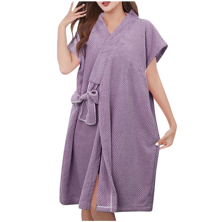 short dressing gowns for ladies Ailaofu Womens Terry Home Cloth Bathrobe Sleeve Tie Waist Spa Hotel Gown Short Soft Plush Robes Parent ID:CAK0114-39248M