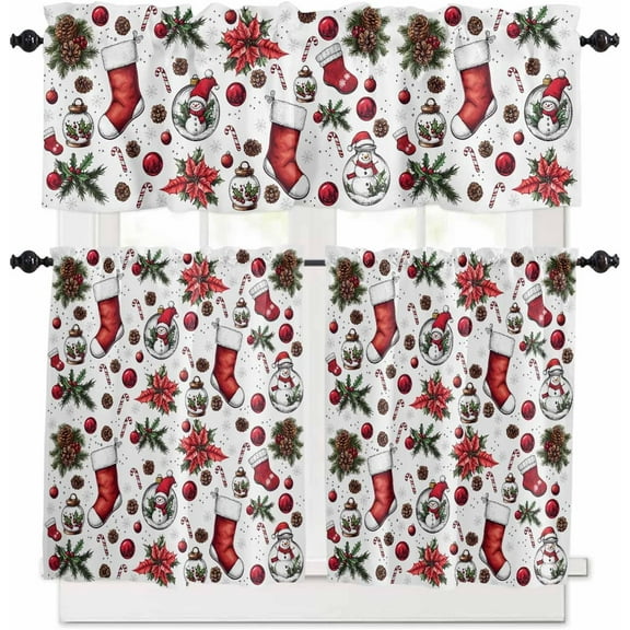 Christmas Kitchen Curtains and Valances Set, Rod Pocket Curtains Tier Farmhouse Window Curtains 36 Inch Length, Stocking Snowman Snowflake Poinsettia Berrry 3 Piece Kitchen Curtains Set