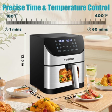 TINPOO Air Fryer 6.2 QT Oilless Large Capacity 1500W Healthy Cooker with 10 Preset, Visual Cooking Window, Non-Stick Basket