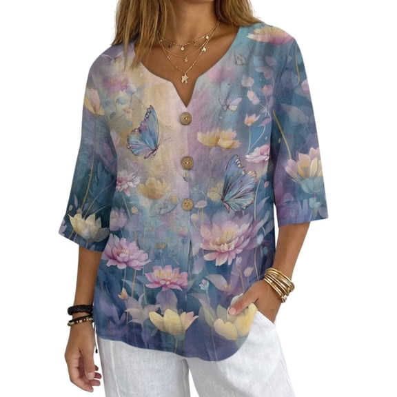 Xoenoiee Butterfly Lotus Blossom Print Women Linen Shirt Button Down Shirt Casual V Neck Blouses for Women 3/4 Sleeve Oversized Linen Tops for Spring Summer, 4X-Large