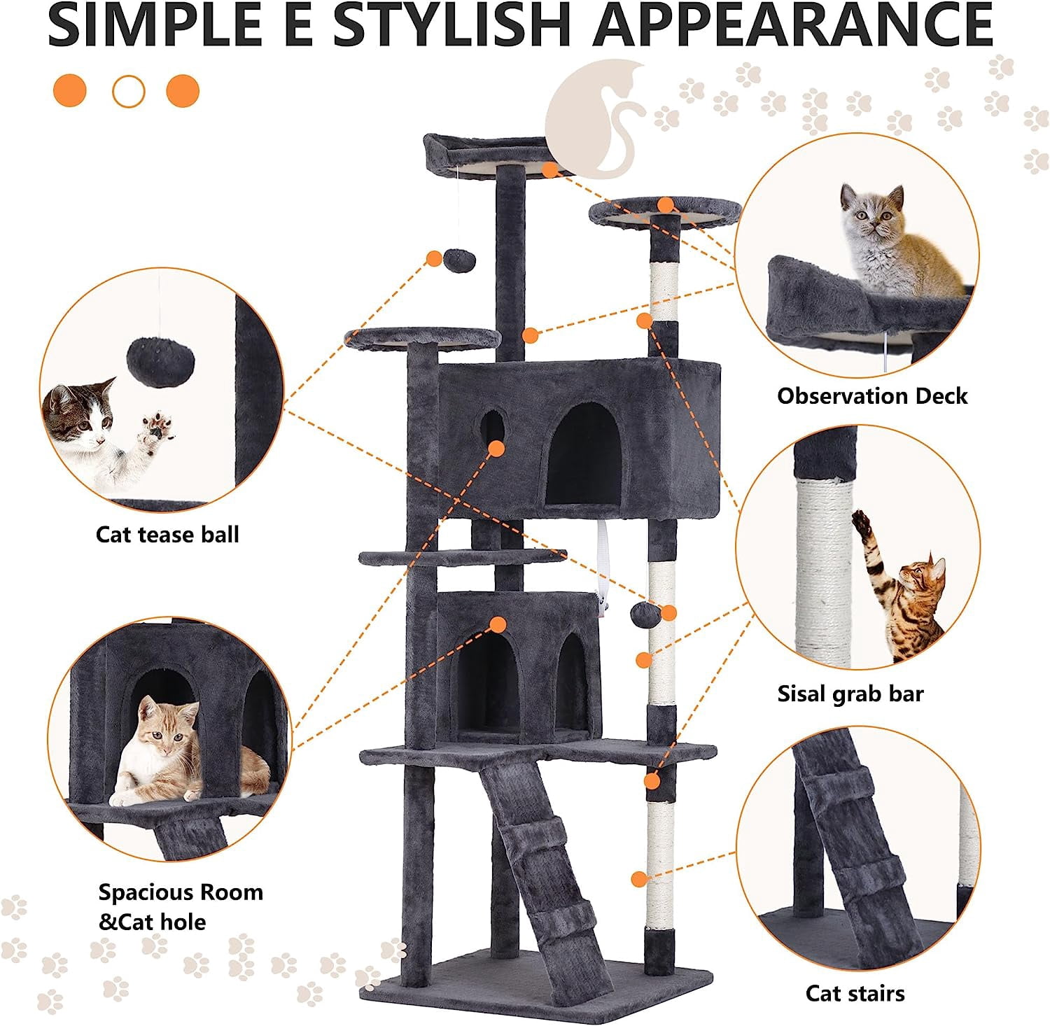 Dkelincs 70"H Large Multilevel Cat Tree, Double Condo Cat Tower with Scratching Post Tower & 3 Top Perches, Ashy